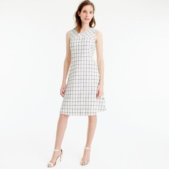 J. Crew White A-Line Windowpane Plaid Tweed Knee Length Dress 0 - Picture 1 of 5